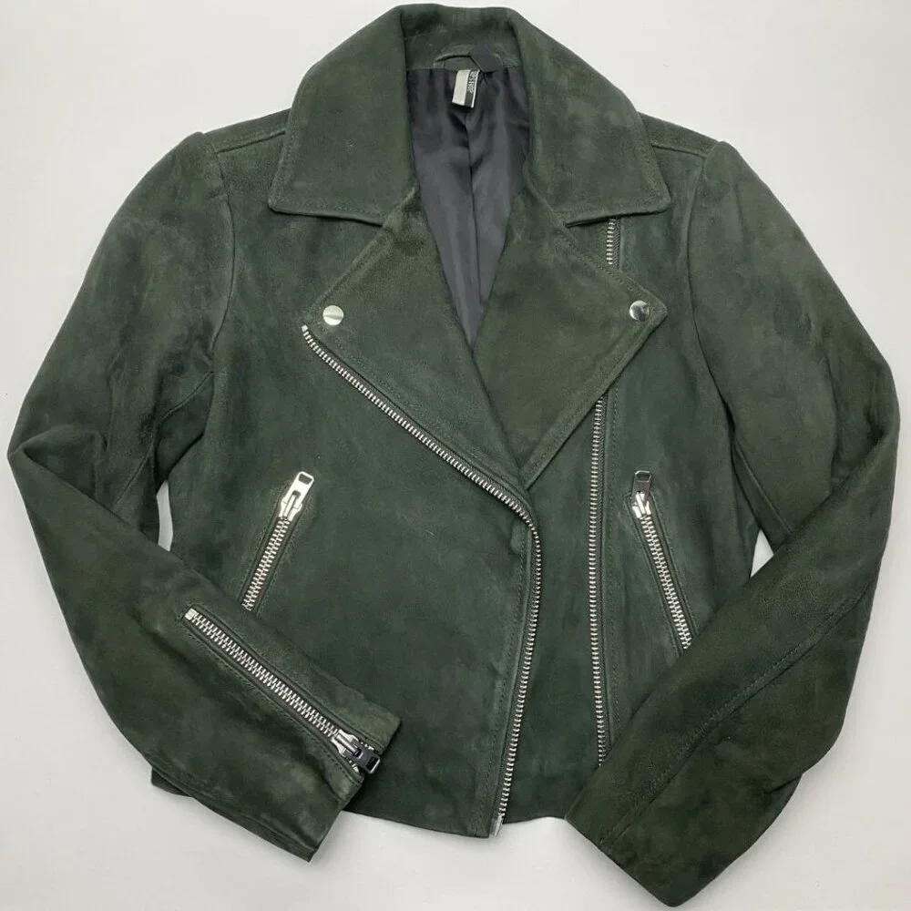 TOPSHOP Suede Caddy Moto Jacket Dark Green Size US 2 - Picture 3 of 11